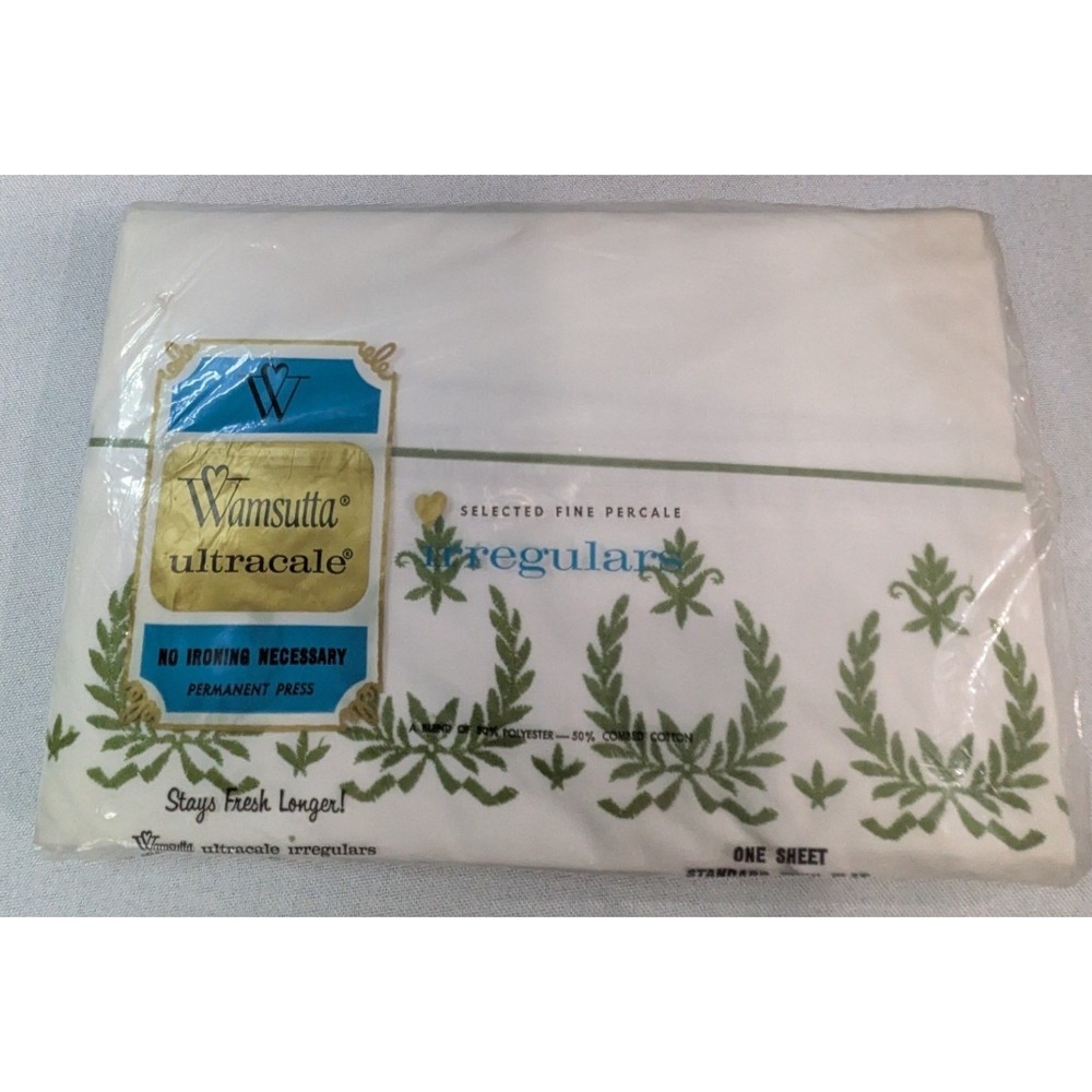 Wamsutta Flat Sheet Twin White Green New Irregular Vintage Laurel Wreath Percale